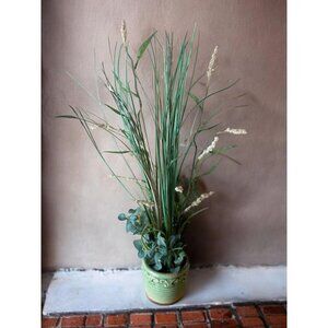 Artificial Grass & Floral Arrangement In Green Ceramic Pot